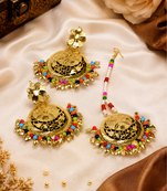 Multicolor beaded floral earrings tikka with leafy drops