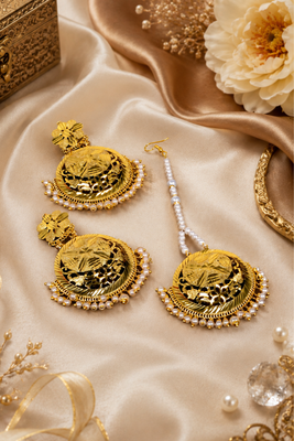 Pearl fringe floral filigree earring tikka set 2