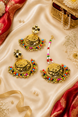 Multicolor beaded floral earrings tikka with leafy drops 2