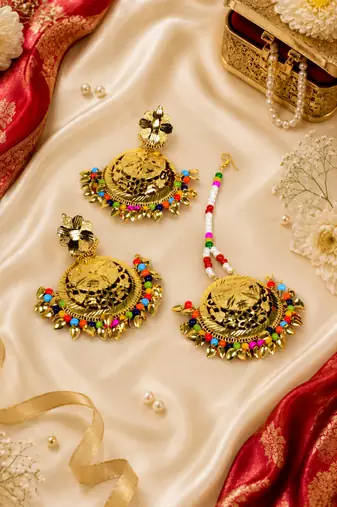 Multicolor beaded floral earrings tikka with leafy drops
