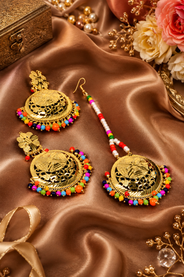 Multicolor beaded floral earring and tikka 3