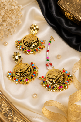 Multicolor beaded floral earrings tikka with leafy drops 3