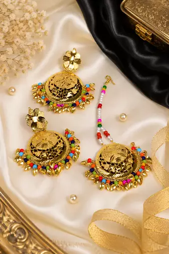 Multicolor beaded floral earrings tikka with leafy drops