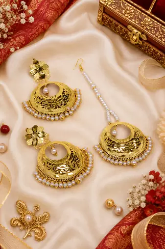 Traditional pearl chandbali earring tikka set