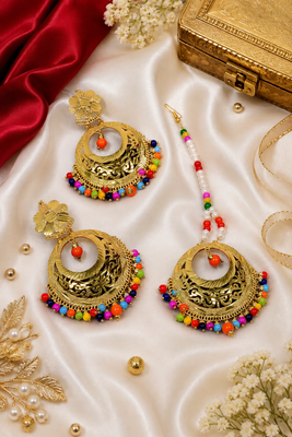 Traditional multicolor beaded chandbali earring tikka 1