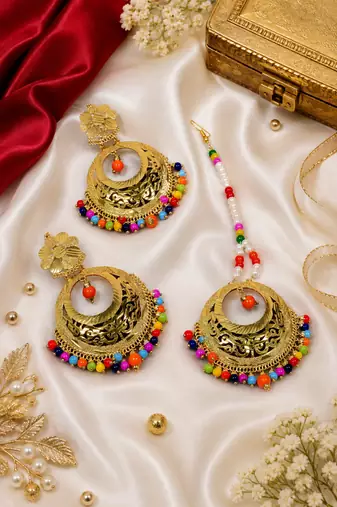 Traditional multicolor beaded chandbali earring tikka