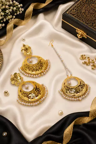 Traditional pearl chandbali earring tikka set