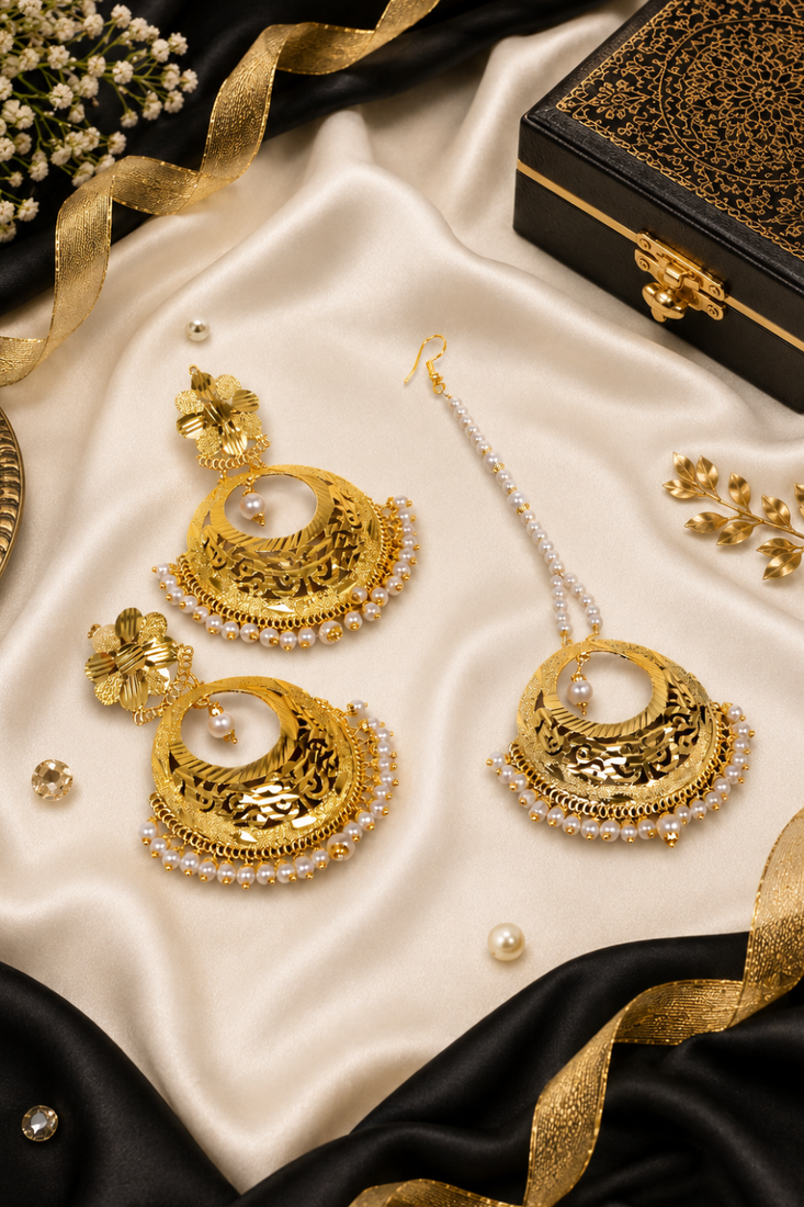 Traditional pearl chandbali earring tikka set