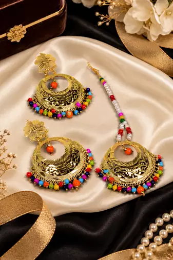 Traditional multicolor beaded chandbali earring tikka