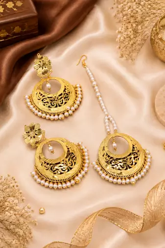 Traditional pearl chandbali earring tikka set