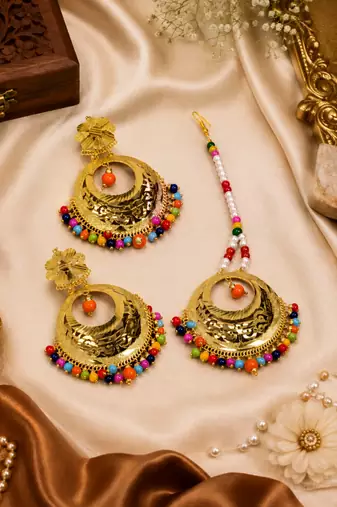 Traditional multicolor beaded chandbali earring tikka