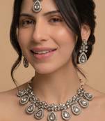 Silver-tone teardrop polki choker set with maang tikka
