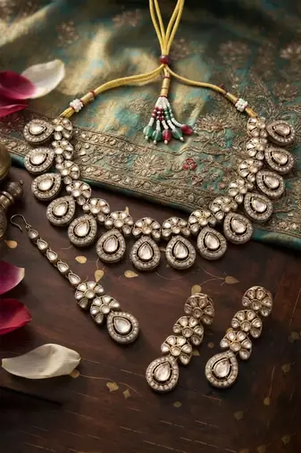 Silver-tone teardrop polki choker set with maang tikka
