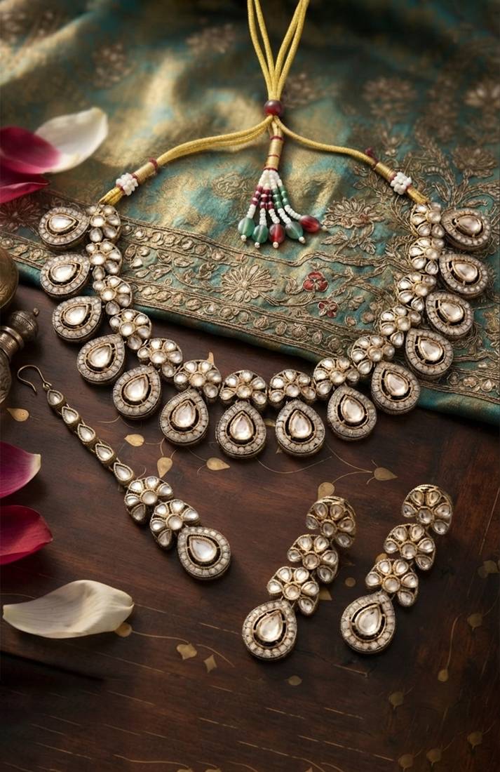 Silver-tone teardrop polki choker set with maang tikka