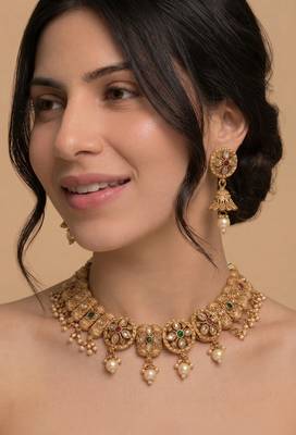 Antique gold polki & gemstone choker set 1