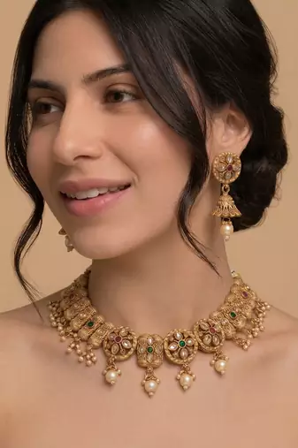 Antique gold polki & gemstone choker set