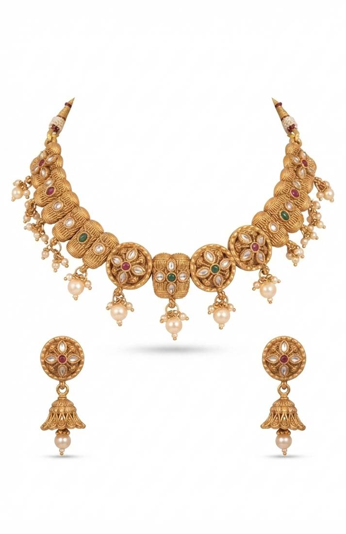 Antique gold polki & gemstone choker set
