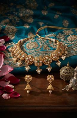 Antique gold polki & gemstone choker set 3