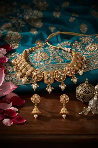 Antique gold polki & gemstone choker set