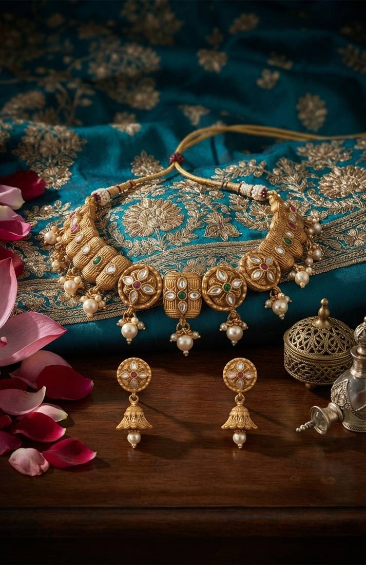 Antique gold polki & gemstone choker set