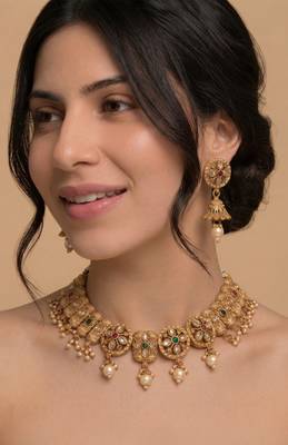 Antique gold polki & gemstone choker set 4