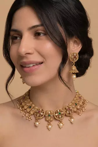 Antique gold polki & gemstone choker set