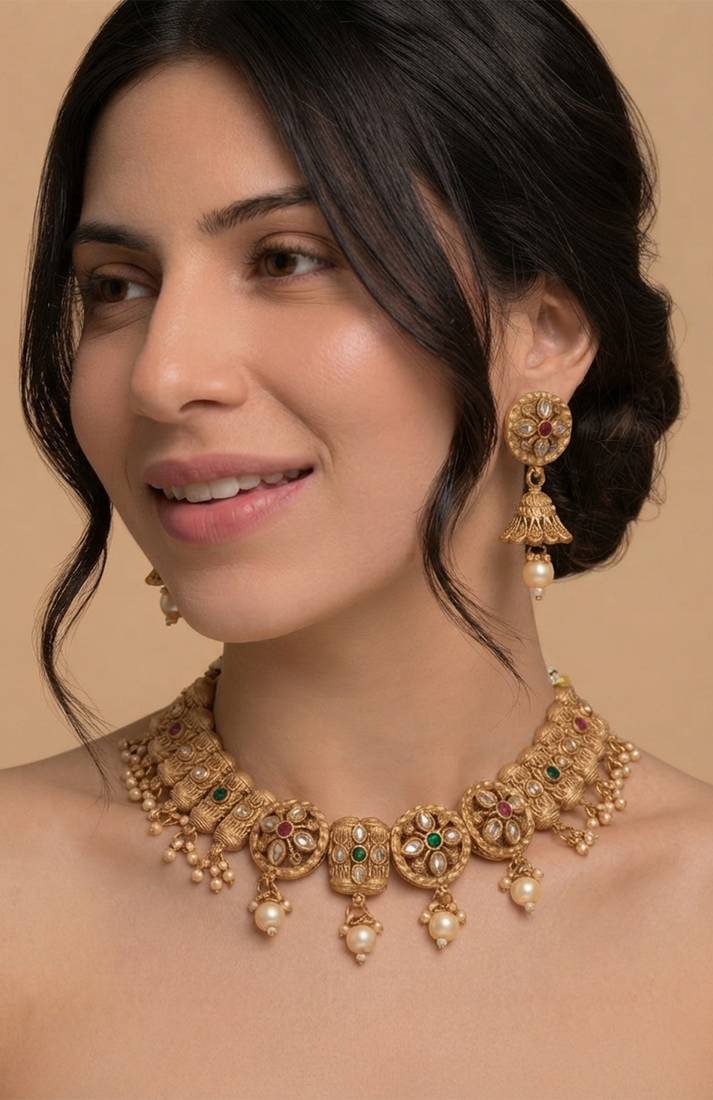 Antique gold polki & gemstone choker set