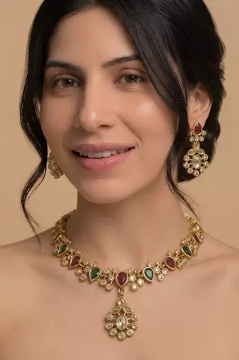 Navratna polki pendant choker set