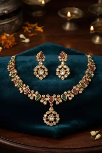 Navratna polki pendant choker set