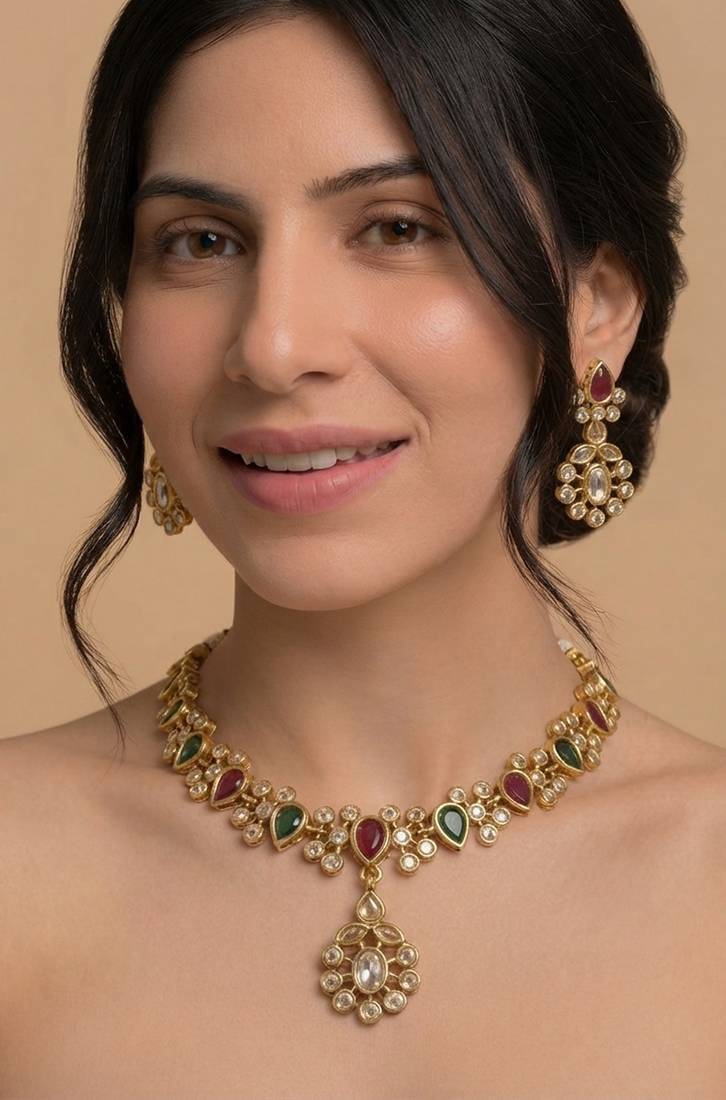 Navratna polki pendant choker set