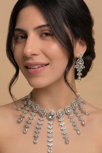 Silver-tone crystal cascade choker set