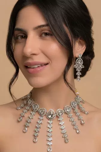 Silver-tone crystal cascade choker set
