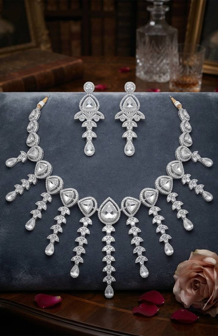 Silver-tone crystal cascade choker set