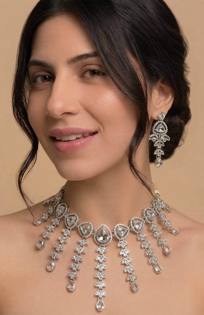 Silver-tone crystal cascade choker set