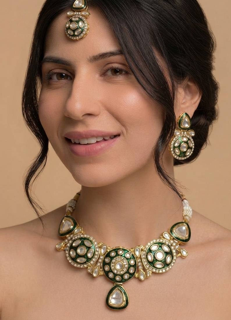 Emerald enamel polki choker set with maang tikka