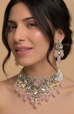 Rose quartz & silver-tone statement choker set 1