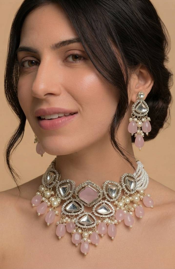 Rose quartz & silver-tone statement choker set