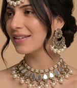 Antique silver-tone mirror & pearl choker set with maang tikka