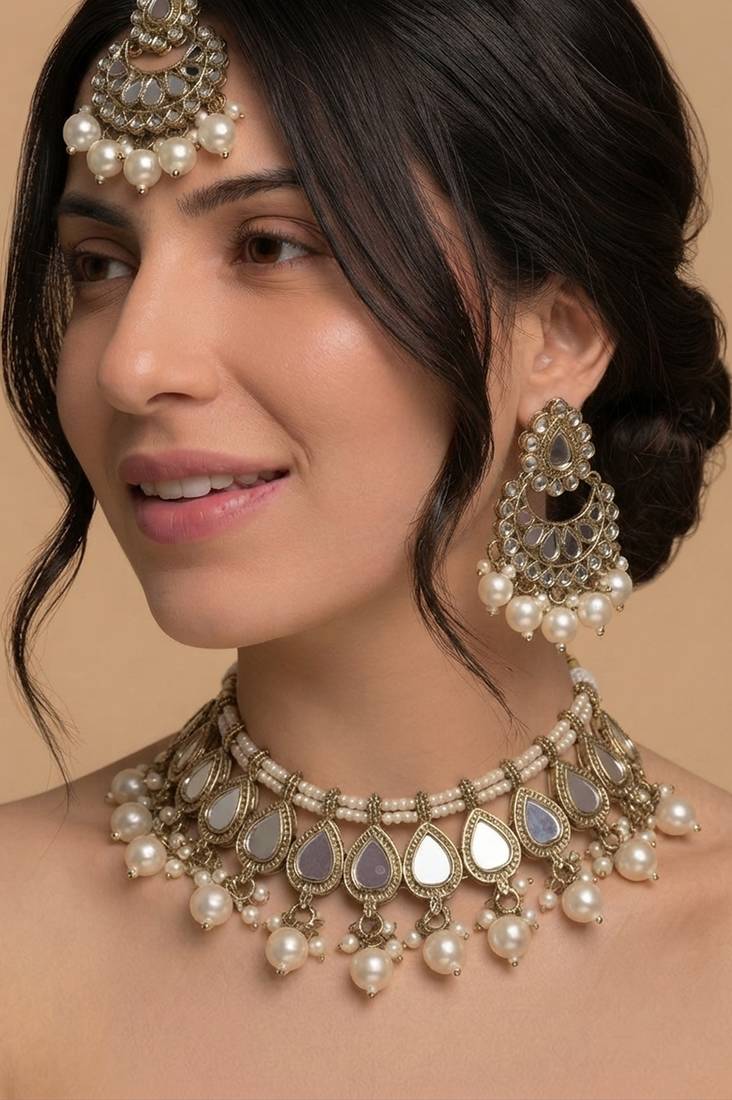Antique silver-tone mirror & pearl choker set with maang tikka