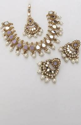 Antique silver-tone mirror & pearl choker set with maang tikka 3