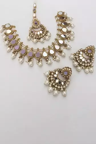 Antique silver-tone mirror & pearl choker set with maang tikka