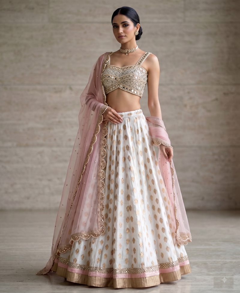 WHITE BANARASI viscose LEHENGA CHOLI WITH DUPATTA