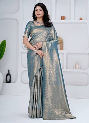 royal sky blue colour all over woven zari tissue silk blend party wear saree with blouse 1