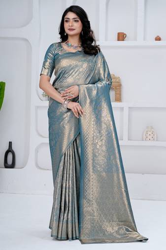 royal sky blue colour all over woven zari tissue silk blend party wear saree with blouse