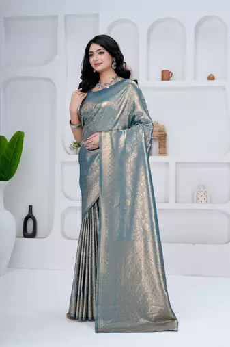 royal sky blue colour all over woven zari tissue silk blend party wear saree with blouse
