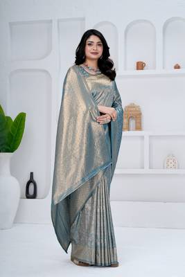 royal sky blue colour all over woven zari tissue silk blend party wear saree with blouse 3