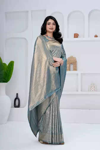royal sky blue colour all over woven zari tissue silk blend party wear saree with blouse