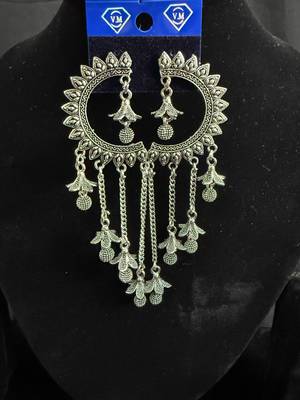 Oxidised Silver Chandbali Jhumka Earrings for Women, Long Chain Tassel Ethnic Jewellery for Navratri & Wedding 1