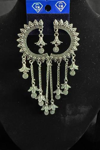 Oxidised Silver Chandbali Jhumka Earrings for Women, Long Chain Tassel Ethnic Jewellery for Navratri & Wedding