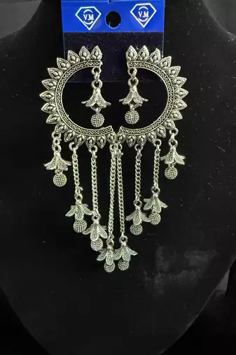 Oxidised Silver Chandbali Jhumka Earrings for Women, Long Chain Tassel Ethnic Jewellery for Navratri & Wedding